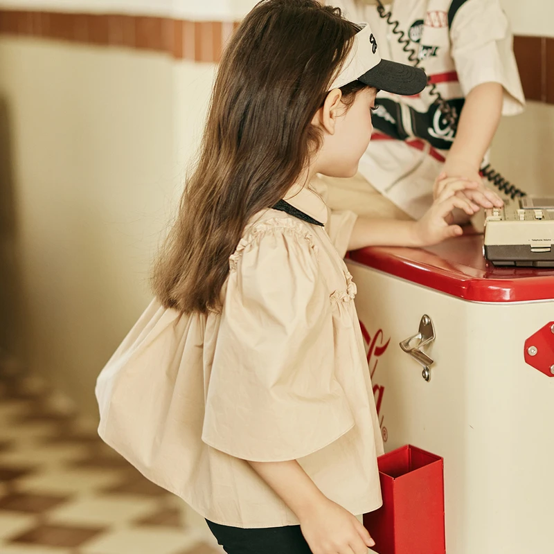 ff&dd童装2024夏季衬衫女童泡泡袖花边拼接设计感高级甜美小衫女