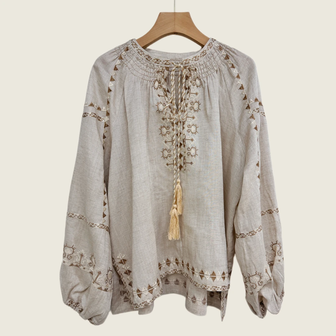 春秋亚麻天丝度假套头刺绣衬衫宽松原色长袖衬衣时尚气质百搭女