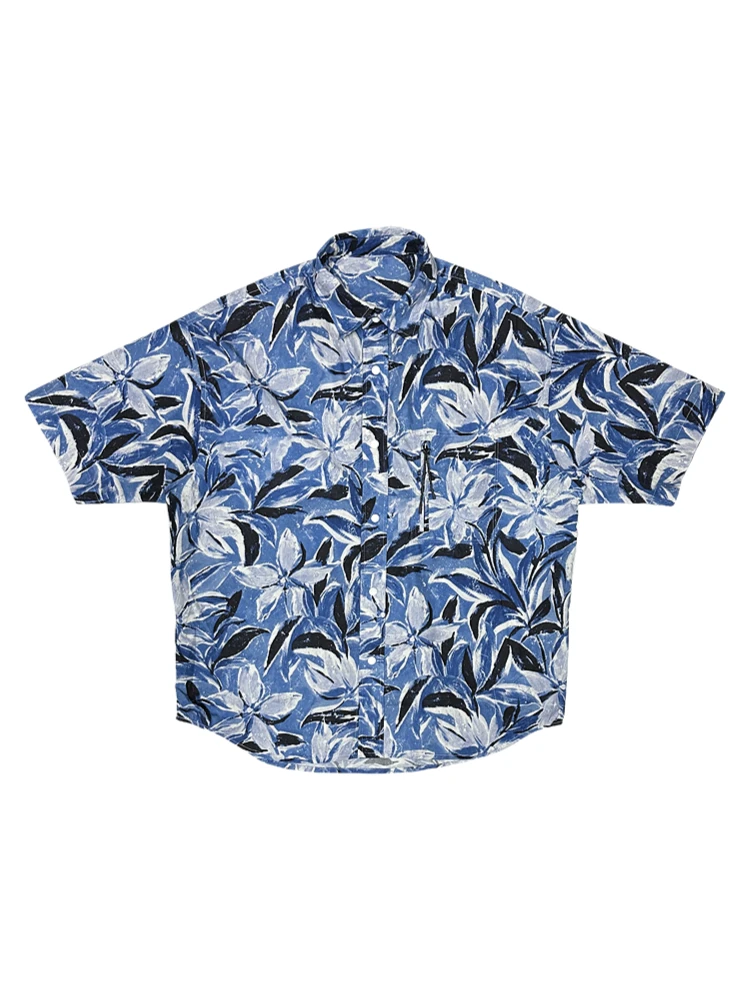 SKYROCKET扶摇夏季蓝底花满印短袖衬衫男潮流高级感翻领休闲衬衣