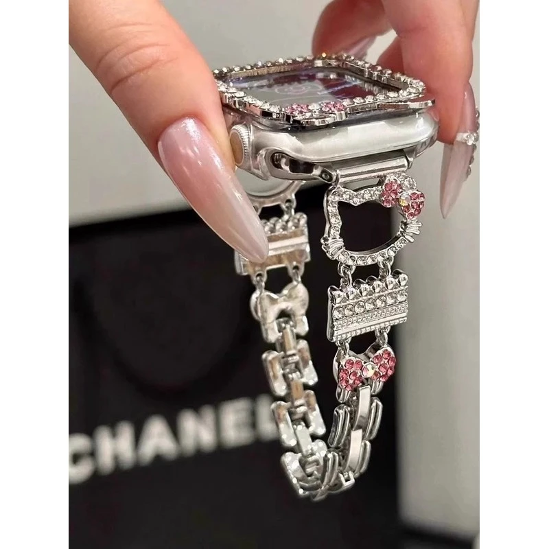 新款闪钻KT猫金属适用苹果手表iwatch9/s10表带87654se可爱ulrat2