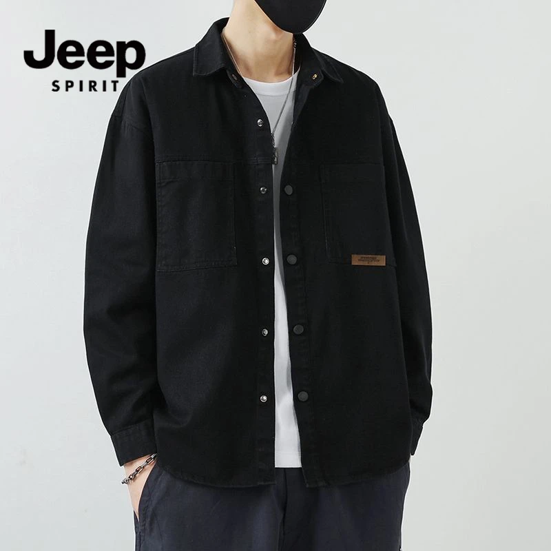 JEEPSPIRIT工装衬衫外套男宽松休闲2025秋季潮牌日系复古纯棉衬衣