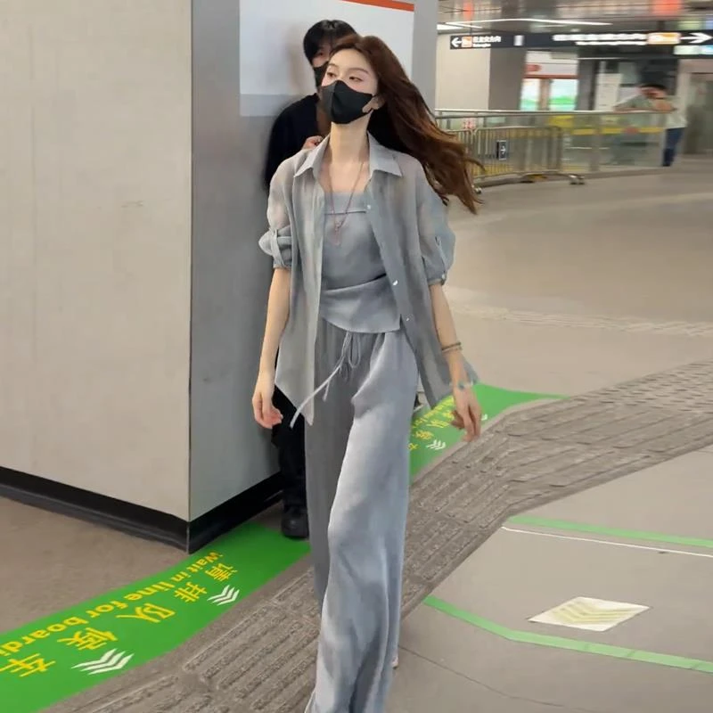 2025夏季新款女士超火韩系套装运动休闲防晒衬衫吊带阔腿裤三件套