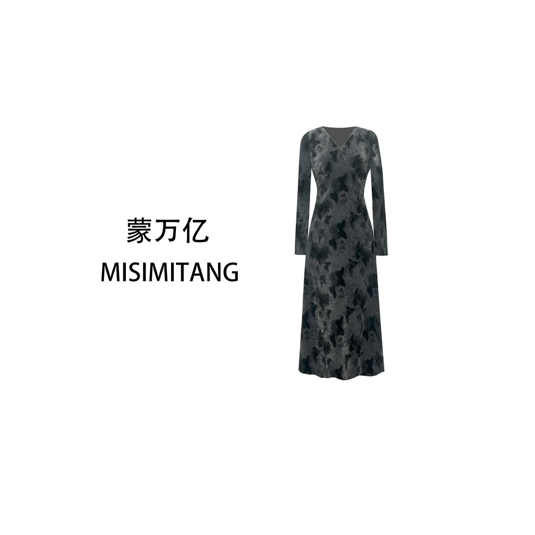 【双生蝶语】秋冬时尚长袖修身雪尼尔女装连衣裙复古法式秋冬轻奢