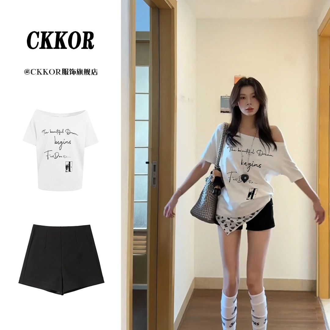 CKKOR斜肩露半边上衣短袖夏季新款潮牌女装纯欲遮肉显瘦小众衣服
