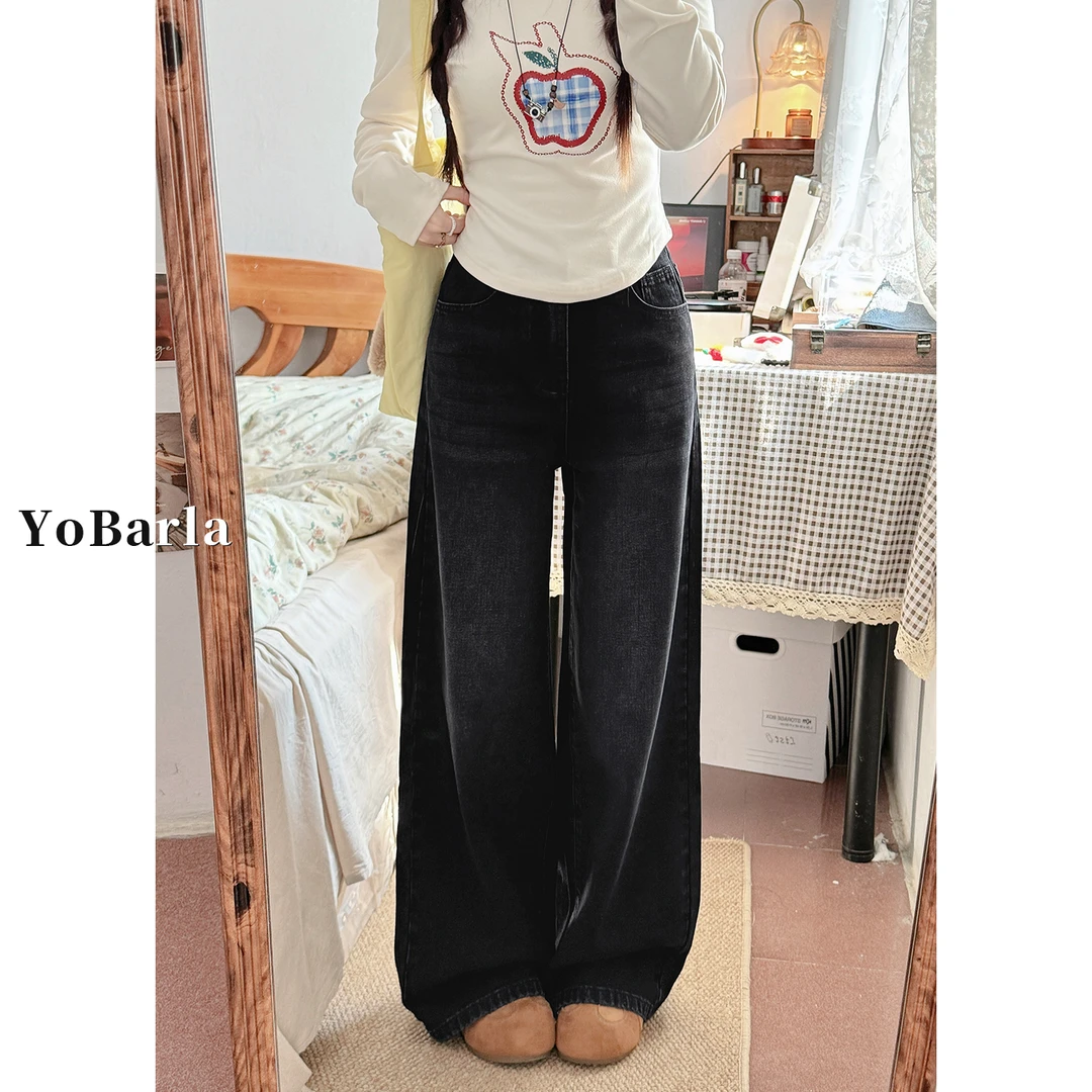 黑灰色直筒牛仔裤女冬季加绒大码胖mm显瘦梨形身材宽松垂感阔腿裤