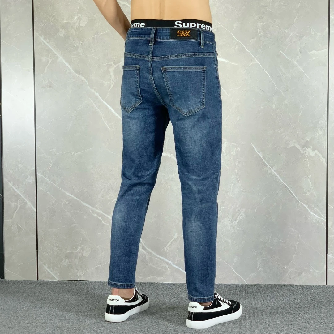 蓝色高端牛仔裤男修身简约百搭复古休闲秋冬季爆款帅气小脚九分裤