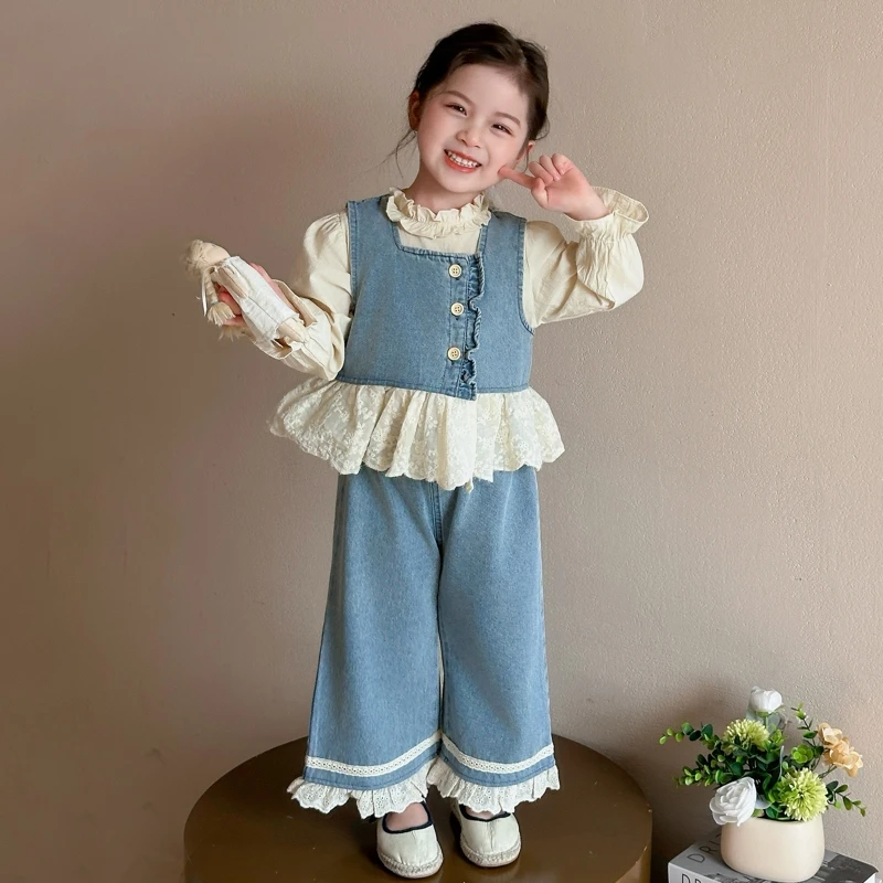女童花边牛仔套装2025新款儿童春秋装韩版洋气女宝春季时尚三件套
