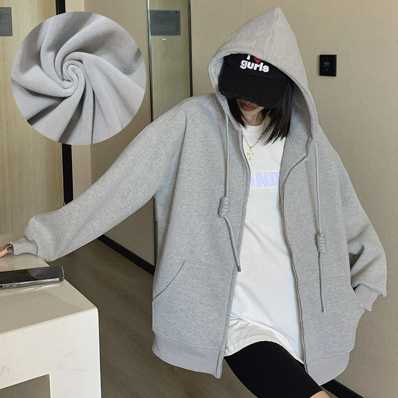 【加绒加厚】冬季宽松重磅沐棉时尚休闲百搭外套连帽卫衣拉链开衫女