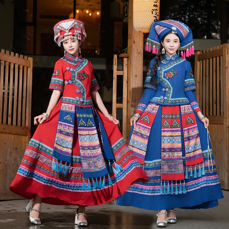广西壮族新款三月三民族服装成人女款套装新民族风刺绣演出服长裙