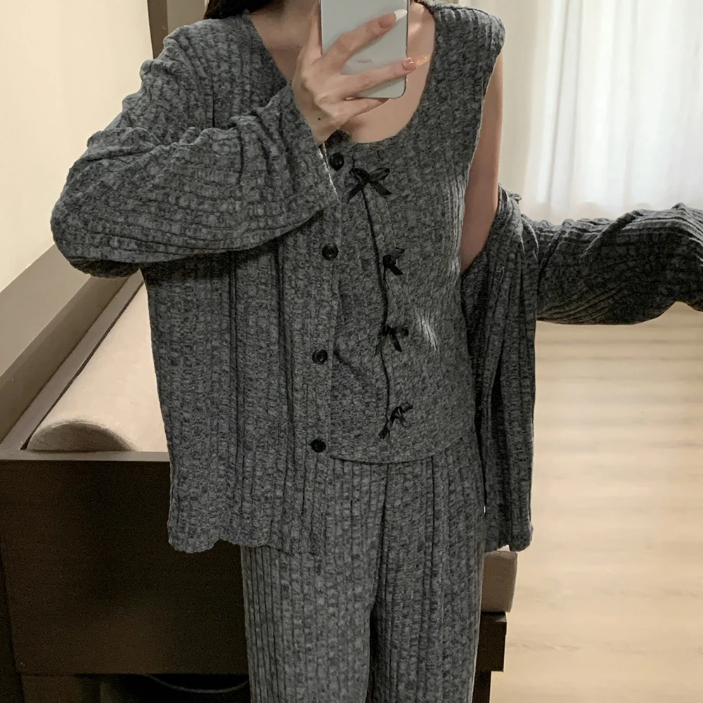 秋冬新款蝴蝶结薄绒长袖背心三件套带杯垫保暖睡衣舒适女套装2695
