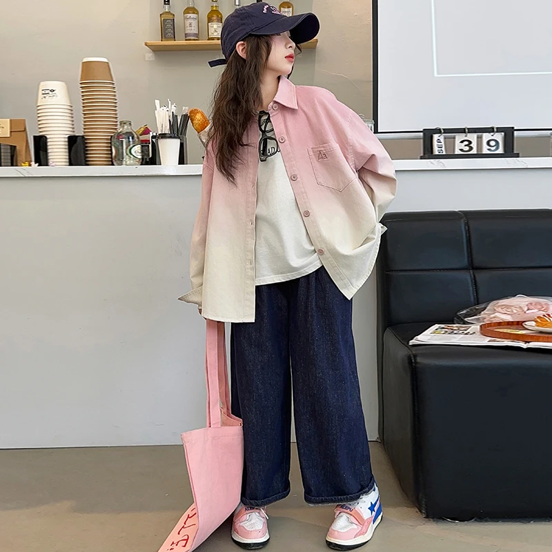 女童春秋新款韩版渐变衬衫外套中大童时髦洋气宽松上衣儿童休闲衫