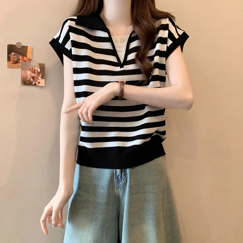 大码女装胖mm法式假两件短袖上衣女2025新款设计感显瘦条纹针织衫