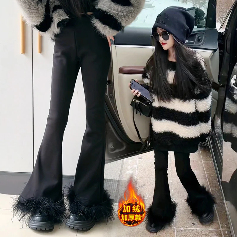 女童加绒裤子秋冬款2024新款大童一体绒卫裤冬季韩系