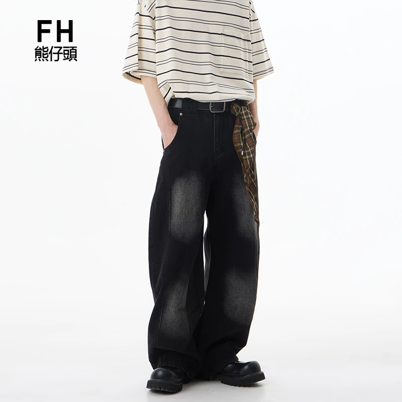 FH熊仔頭美式复古做旧明线夏季弯刀裤宽松阔型水洗牛仔裤男女同款