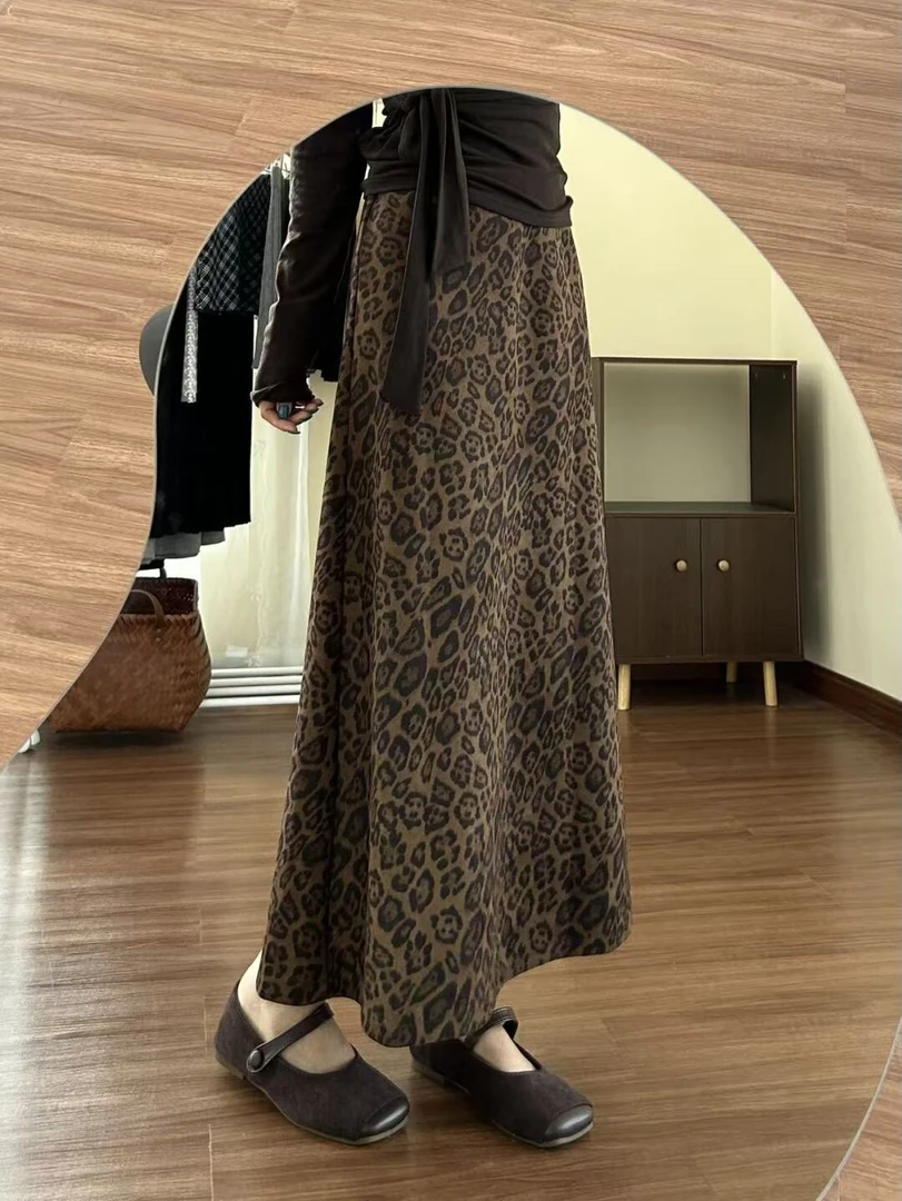 复古咖色豹纹显瘦半身裙女2025秋冬新款大码胖mm中长款高腰a字裙