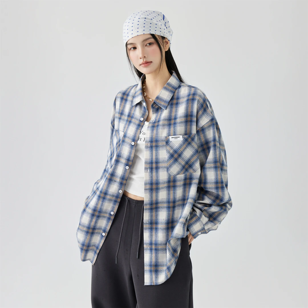 GOLFCROSS秋季潮流复古格子长袖衬衫宽松百搭休闲情侣款外穿衬衣