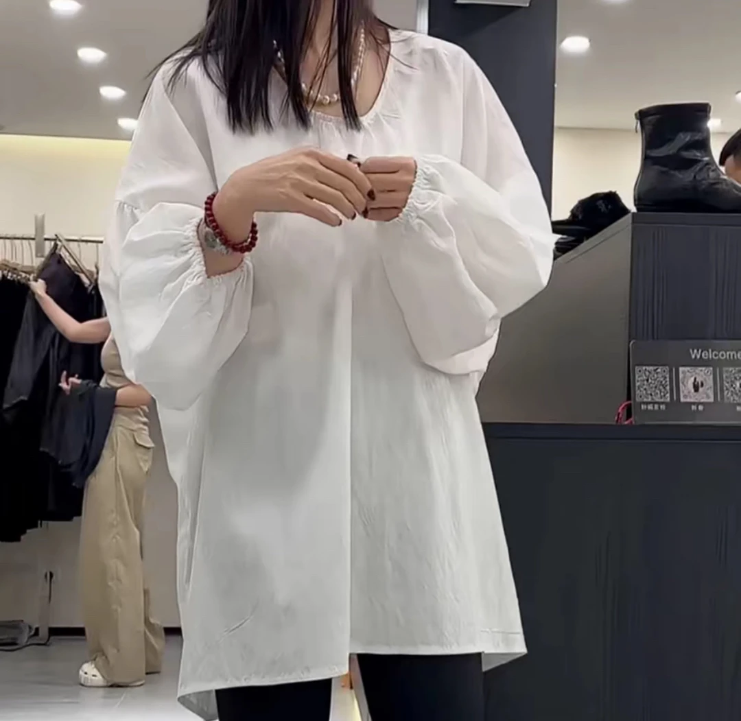 852小众设计感百搭大圆领长袖白色衬衣80