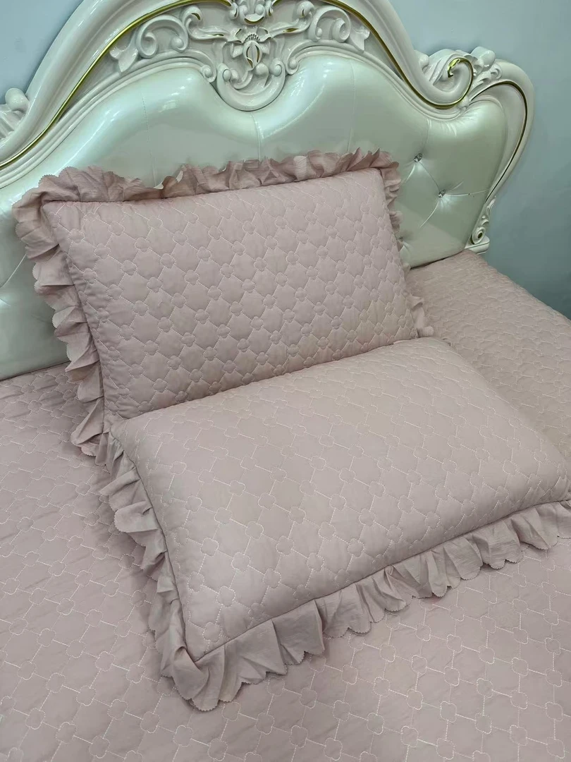 【福利-同款花边枕套】纯色荷叶边枕套绗缝夹棉一对装48*74