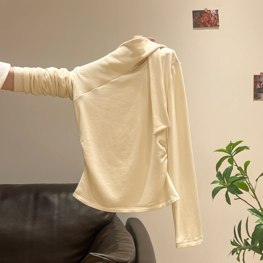 杏色半高领磨毛加厚长袖内搭T恤女2025秋冬加绒打底衫设计感上衣