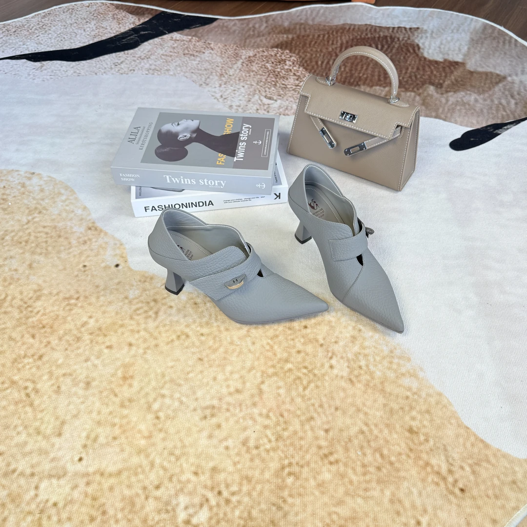 Van Gerch跟7CM牛皮荔枝纹尖头女时尚真皮软底百搭简约单鞋买1赠3