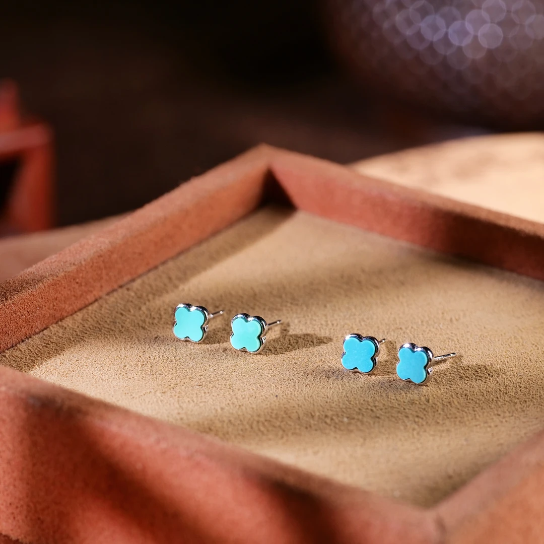 【小雨来了】925银镶绿松石四叶草耳钉 文玩 银耳钉 多样性发一件