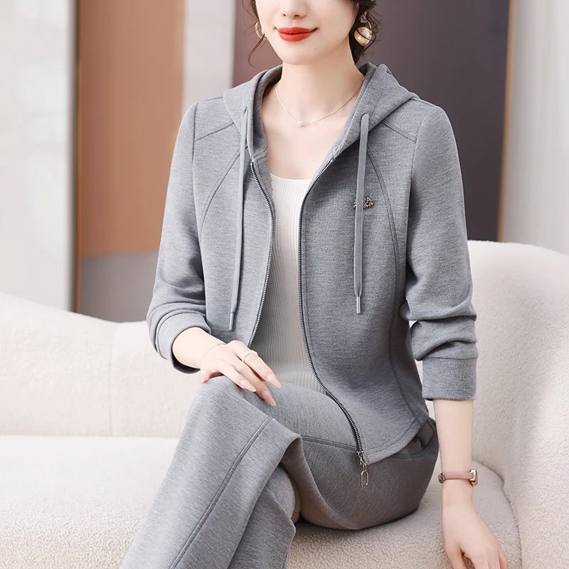 开衫连帽卫衣套装女春2025新款中年妈妈宽松跑步开衫休闲服两件套