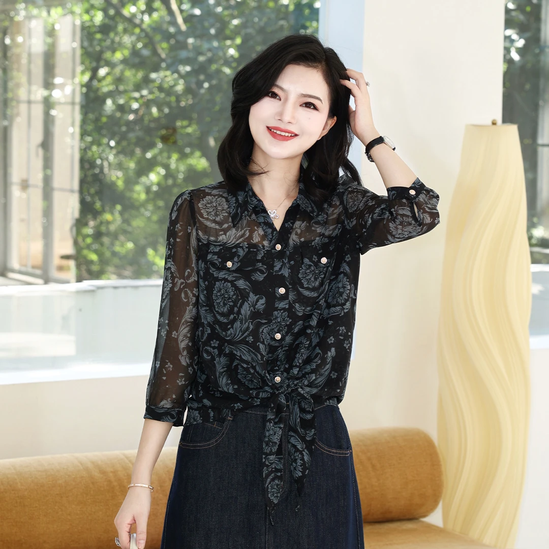 枫竺阿楠anan优雅通勤翻领系带印花衬衣女时尚气质初秋层次感衬衫