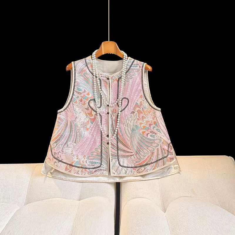 深圳南油国风2025春季新中式粉马甲时尚新款提花刺绣马甲洋气马夹
