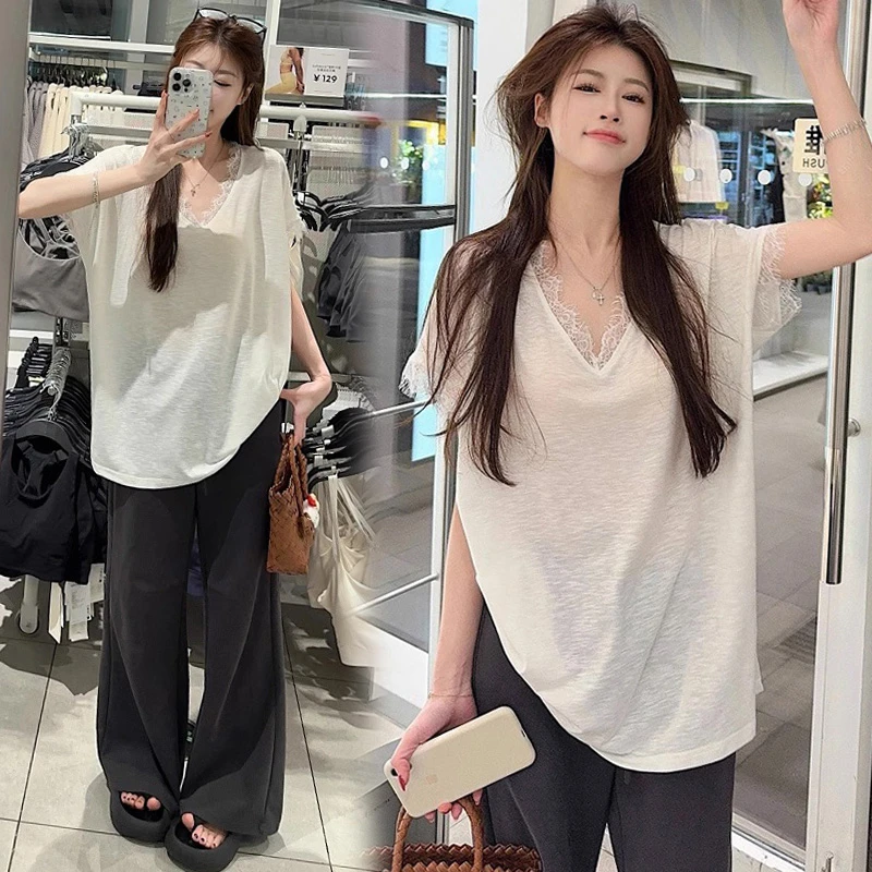 孕妇夏季新款蕾丝拼接T恤女夏季中长款宽松减龄V领＋孕妇裤两件套