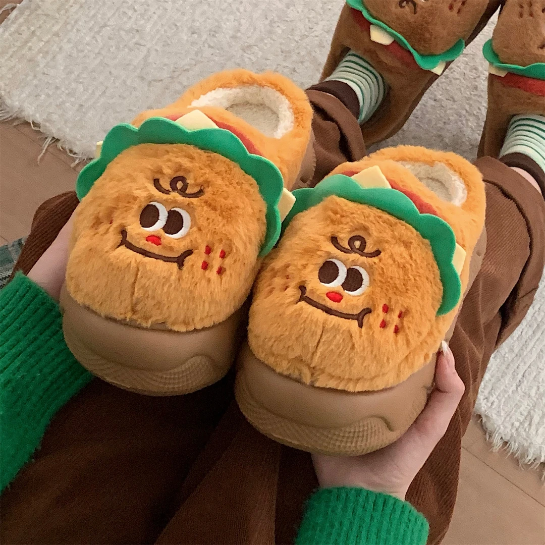 冬季少女心可爱汉堡棉拖鞋ins女士居家防滑厚底月子鞋毛毛鞋趣味