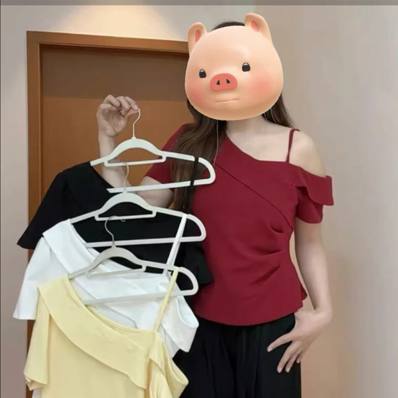 大码胖mm不规则斜肩吊带t恤短袖女2025夏季新款甜辣遮肉显瘦上衣