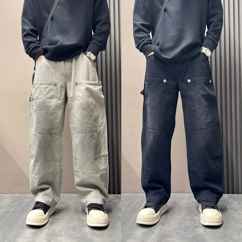 2025秋冬新款美式潮流复古痞帅脏脏直筒工装休闲裤男宽松弯刀裤