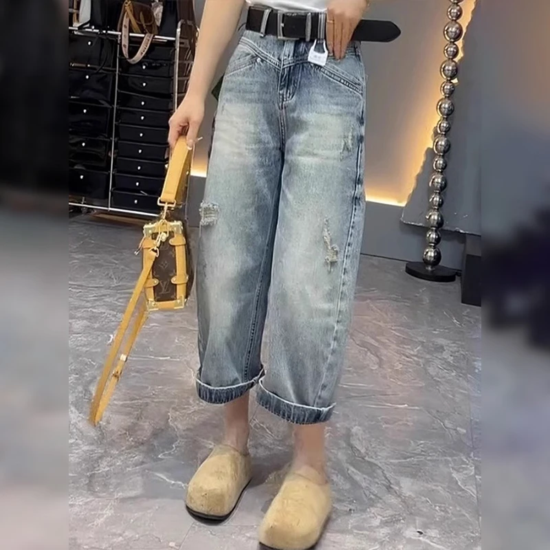 复古时尚大码破洞牛仔裤子女春夏2025新款宽松显瘦直筒九分阔腿裤