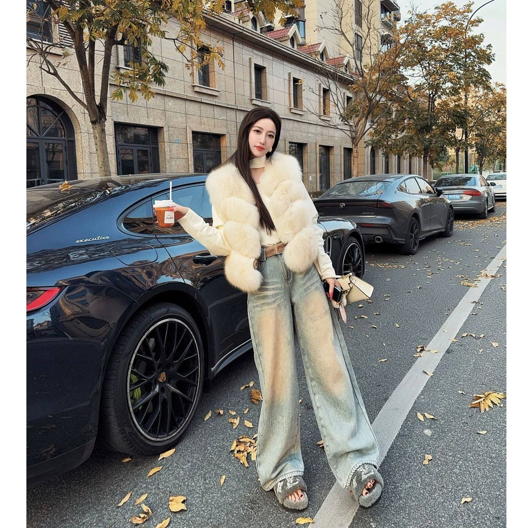 加绒加厚直筒裤配毛感腰带亮晶晶显高显瘦宽松阔腿做旧牛仔裤