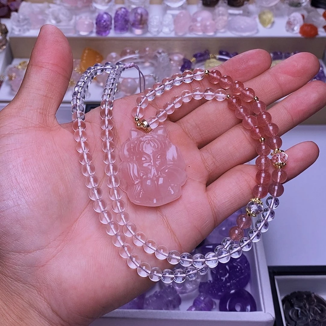水晶颈饰未镶嵌丹*?粉水晶狐狸牌 送链子