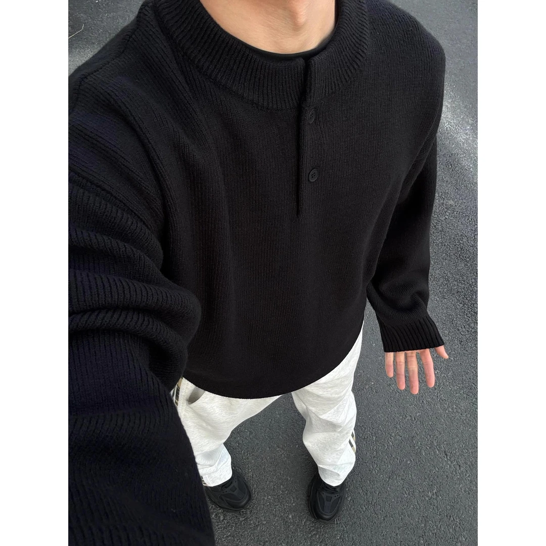 黑色亨利领毛衣男款春秋成熟稳重POLO针织打底衫慵懒风内搭毛线衣