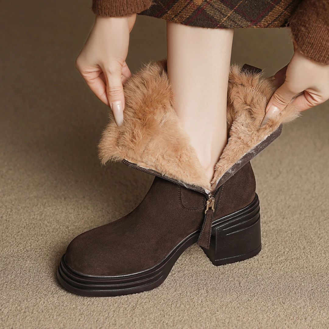 7cm冬季加厚绒短靴女粗跟舒适防水台高跟靴子牛反绒磨砂保暖鞋子