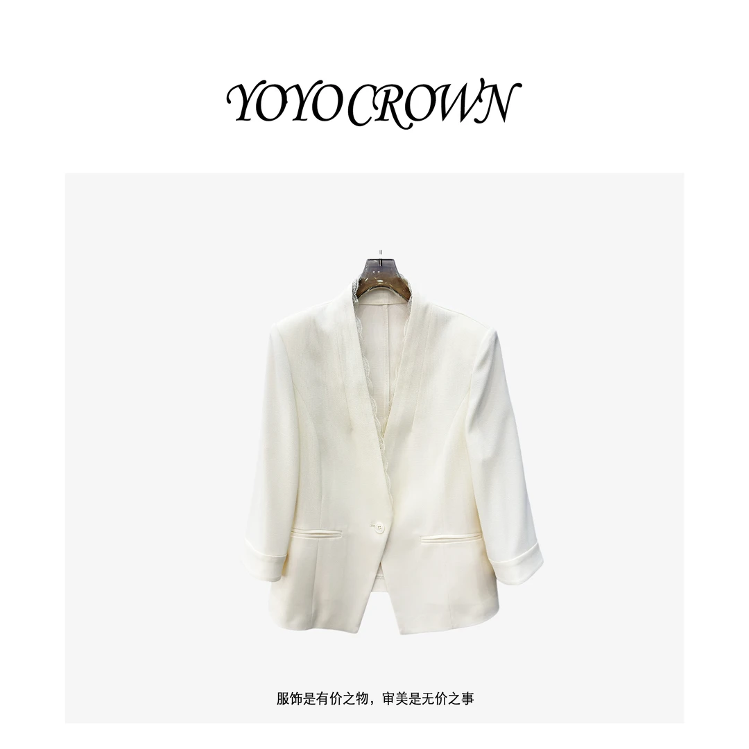 YOYO CROWN 2025新款醋酸西装气质薄款蕾丝外套休闲设计
