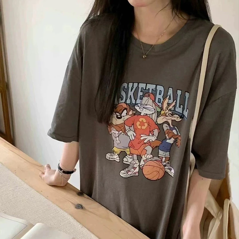 减龄卡通印花雪花棉短袖T恤女2025夏季薄款圆领宽松休闲体恤上衣