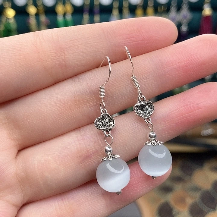 石英质玉耳钉银S925镶嵌