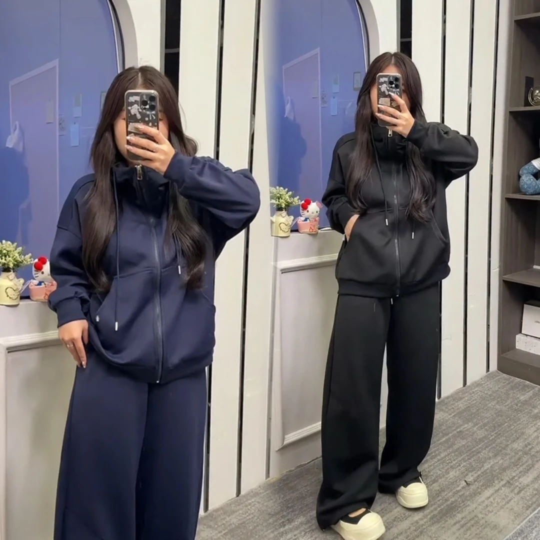 大码女装2025秋季新款多巴胺两件套小众特色遮肉连帽外套阔腿裤