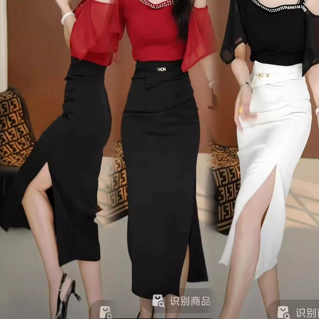 2025夏季新款法式褶皱气质开叉半身裙女高腰显瘦中长款a字裙包臀