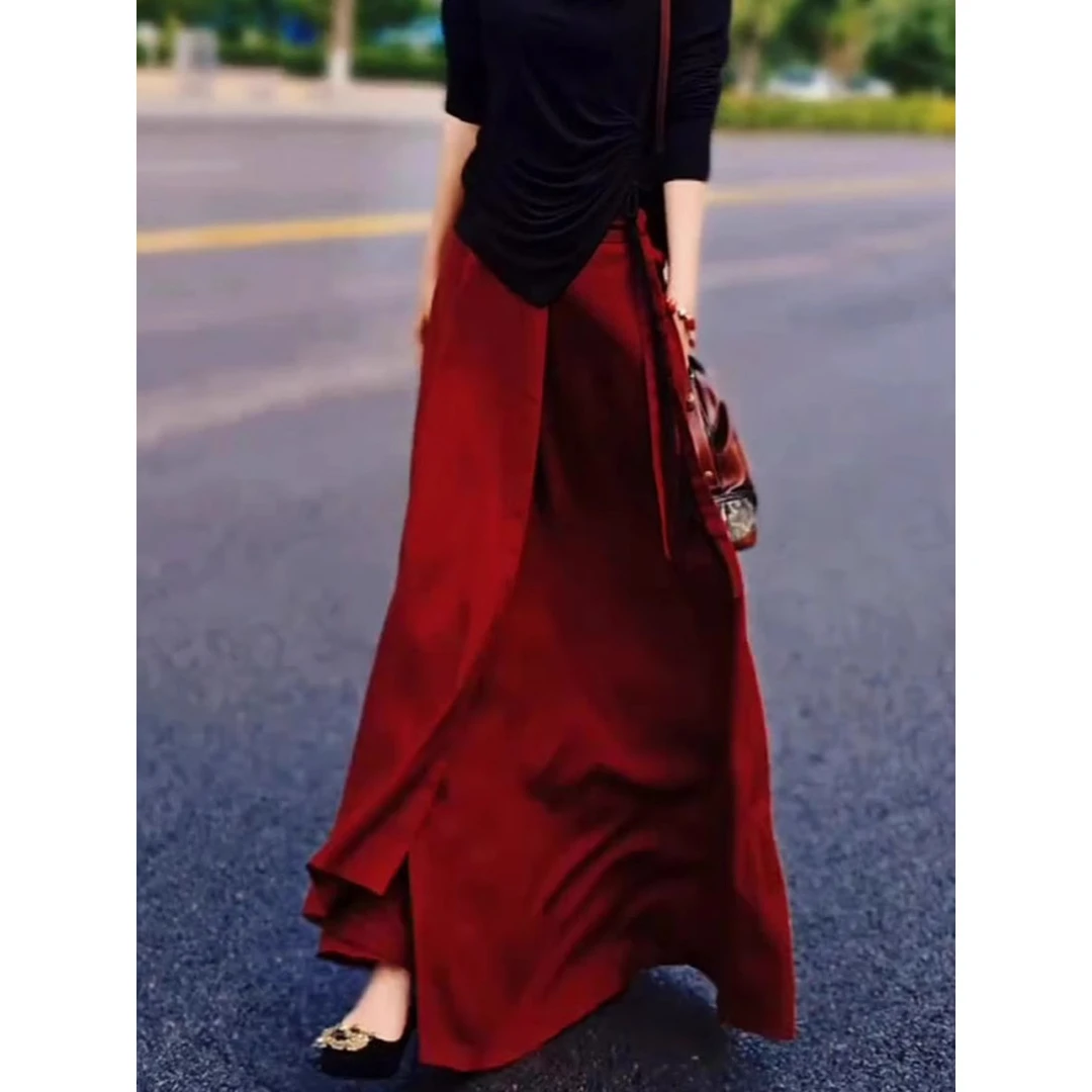 简直好看到炸！红色半身裙女洋气高腰简约百搭宽松显瘦大摆a字裙子