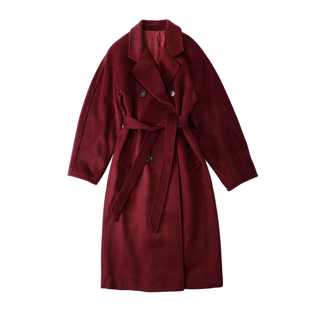 品牌新款羊毛双面昵翻领秋冬长款系腰带大衣43801