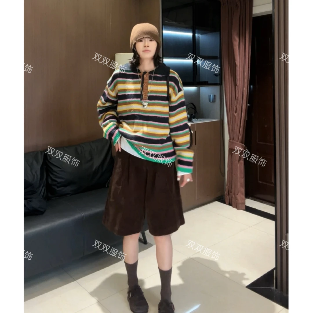 【SSOUHAN】秋冬复古彩条翻领毛针织衫宽松百搭