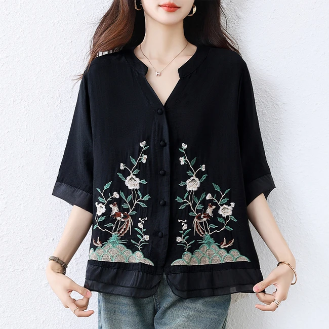 新中式轻国风刺绣提花雪纺短袖衬衫女夏季大码胖mm中袖七分袖上衣