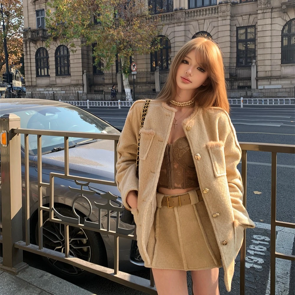 千金小香风套装气质长袖夹棉毛呢外套女冬季半身裙高腰裙子两件套