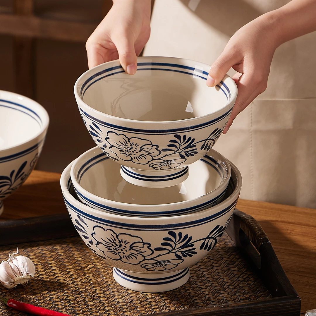 复古手绘青花陶瓷釉下彩大面碗高脚碗大号面碗新款创意面馆米粉碗