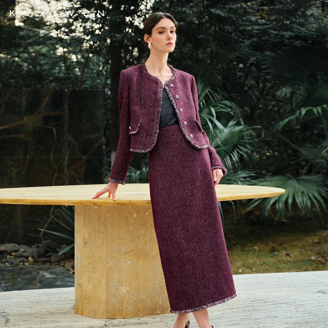 佧茜文复古时髦两件套【春秋】小香风流苏套装直筒裙D12BHW5017