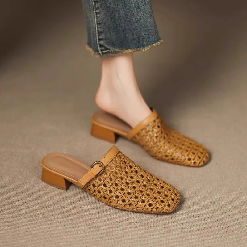 卓诗尼芙妮2025一脚蹬休闲网面半拖编织透气镂空复古风包头凉拖女